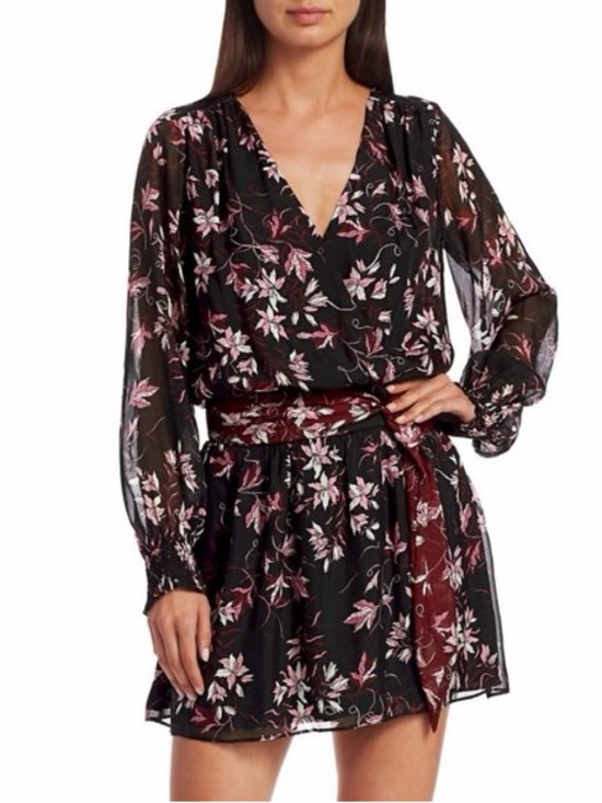 Ramy Brook Dresses & Skirts - Ramy Brook Black Floral V-Neck Long-Sleeve Mini Dress with Burgundy Sash
